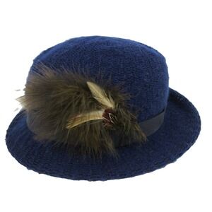 Vintage Eaton Knit Wool Blend Blue Bowler Hat Brim Band Feather Made in Italy